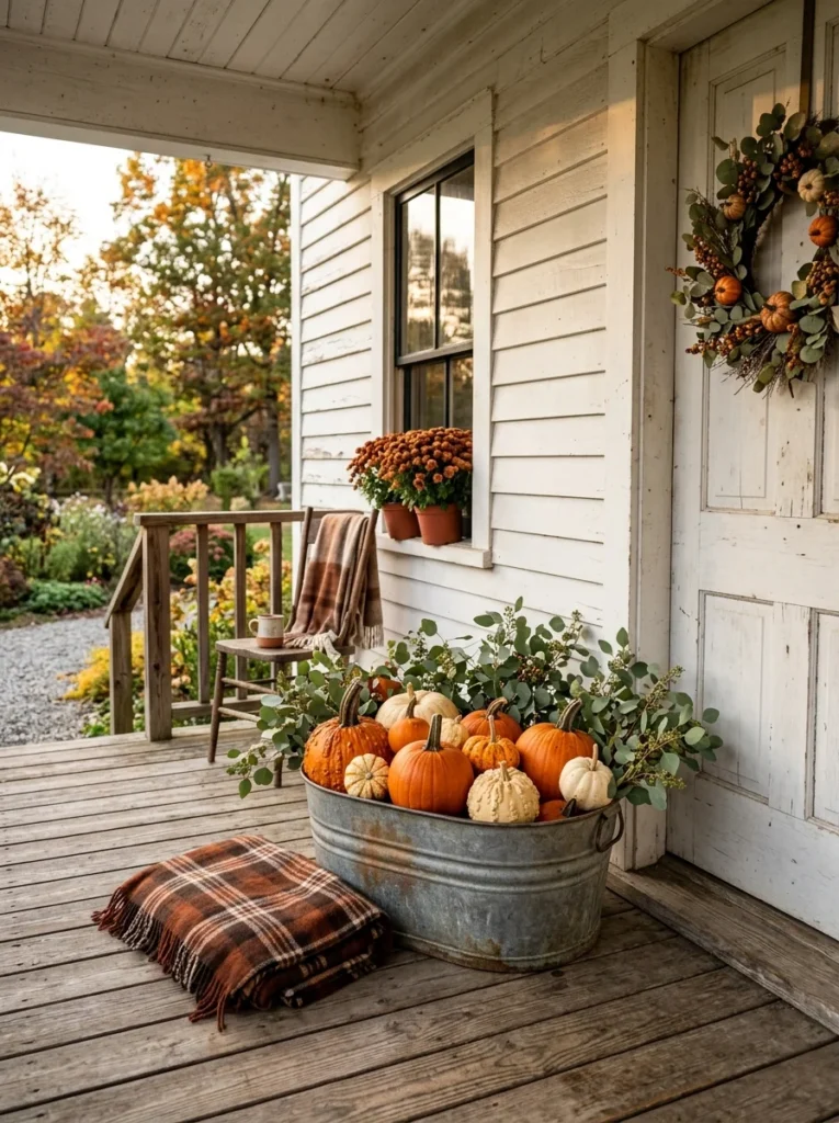 A galvanized tub filled with pumpkins creates a rustic cozy fall porch display.