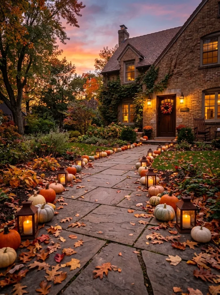 Pumpkin-lined walkway leading to a decorated fall front porch.