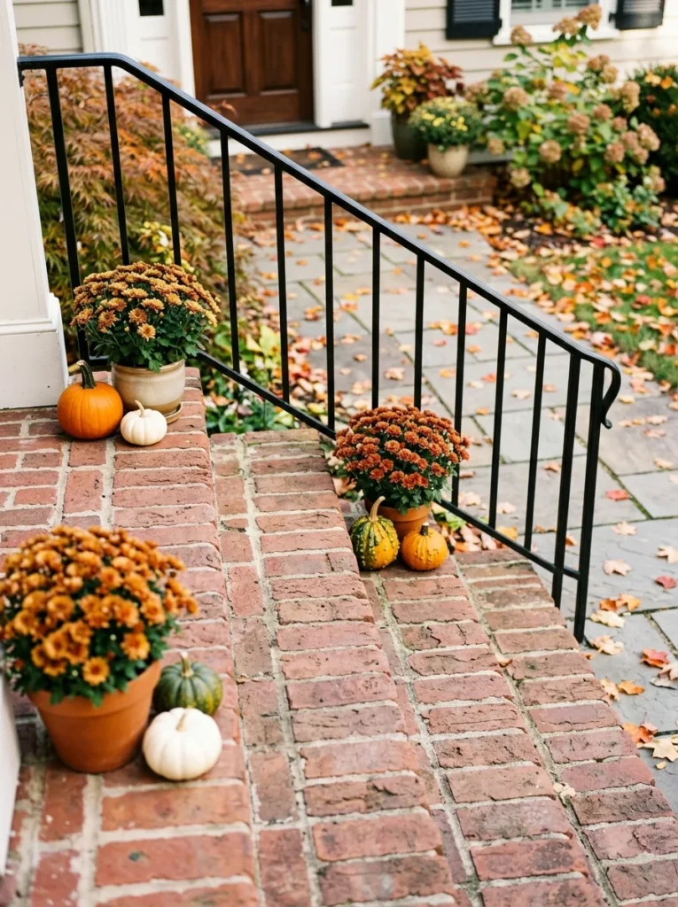 Small pumpkins arranged along brick porch steps for autumn
