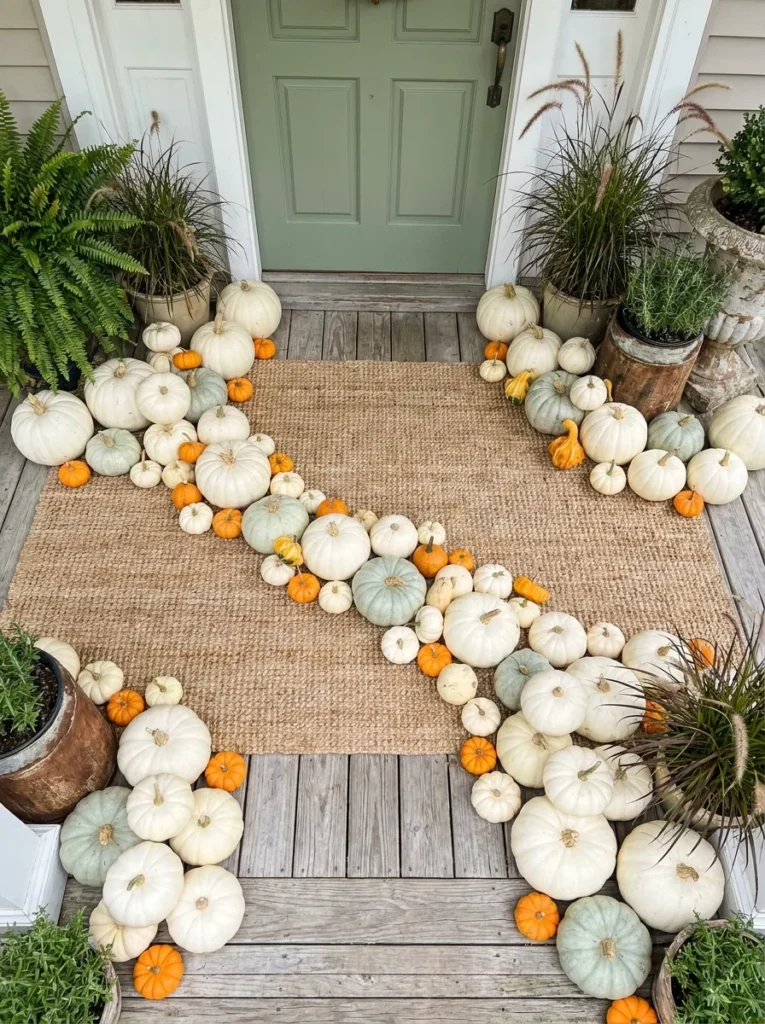 White and green pumpkins arranged for a soft fall harvest porch
