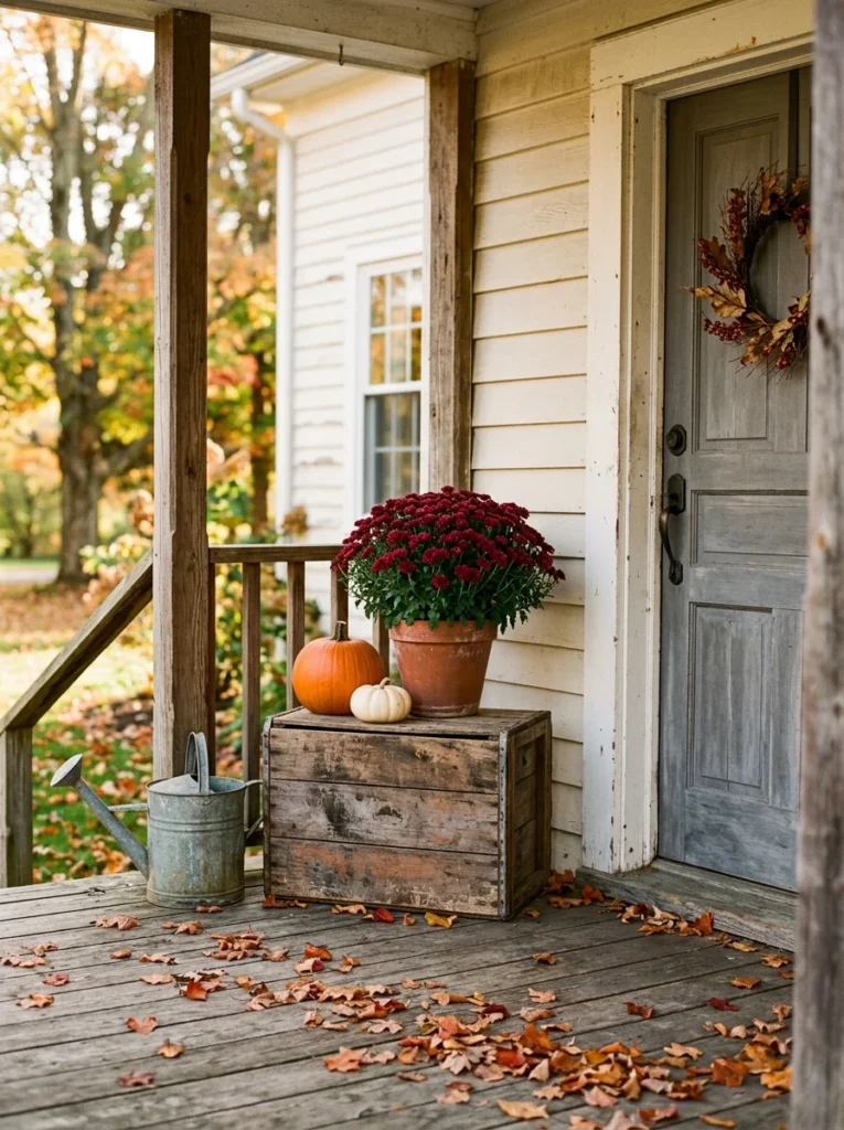 A wooden crate creates height for pumpkins and mums on a rustic fall porch