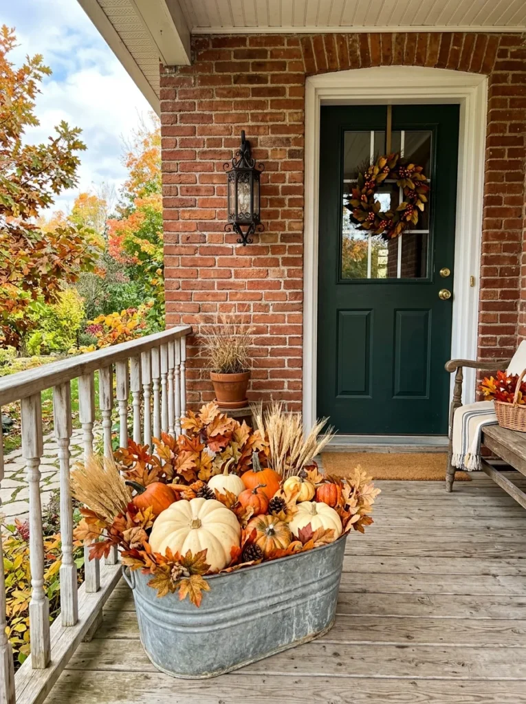 A galvanized tub filled with pumpkins makes rustic front porch fall decor