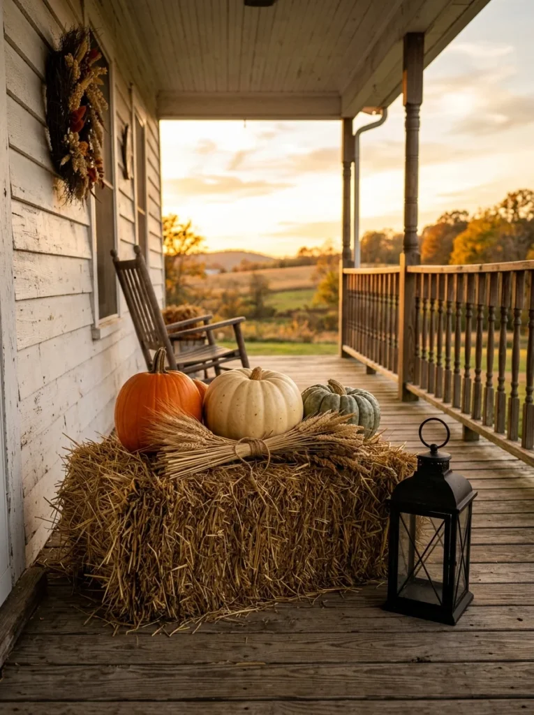 Pumpkins stacked on a small hay bale for rustic farmhouse fall decor.