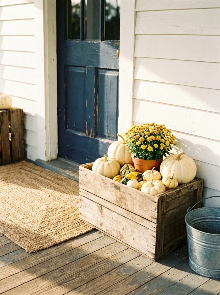 Farmhouse fall porch with pumpkins, gourds, and a rustic wooden crate