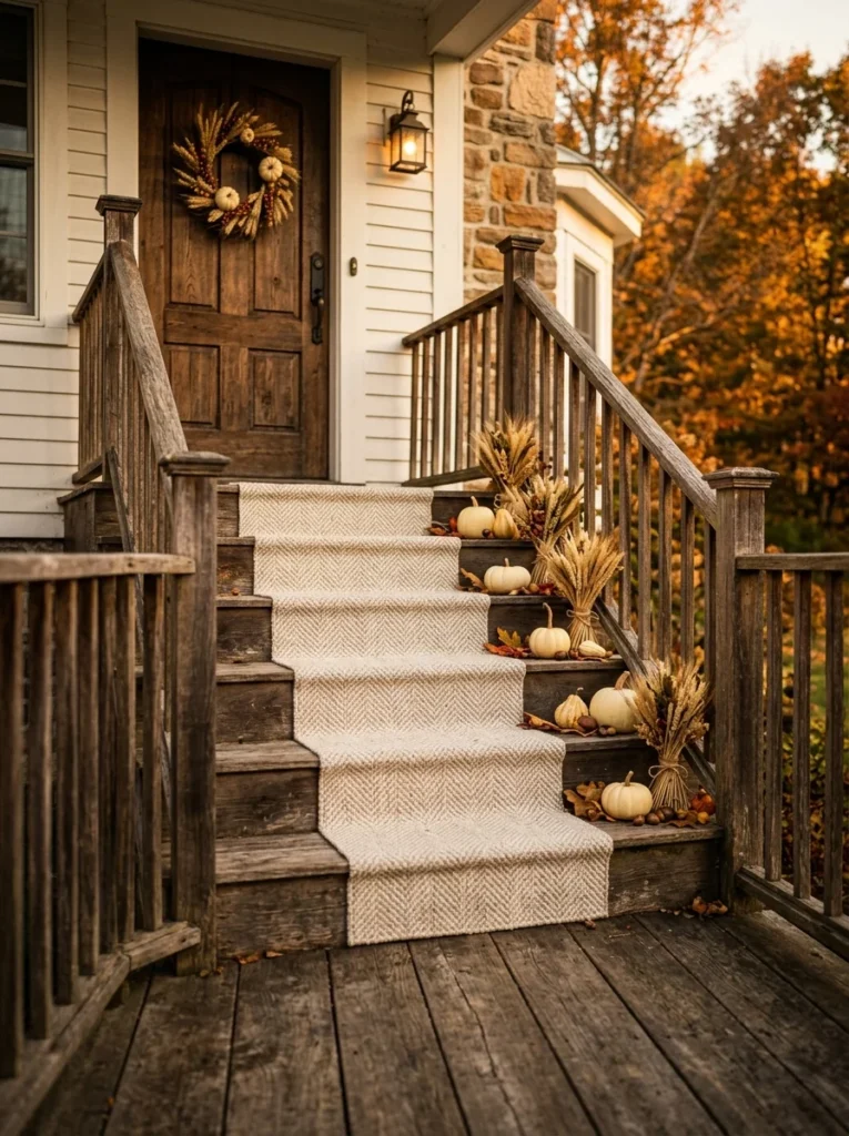 Wheat and pumpkins decorating a farmhouse porch staircase.