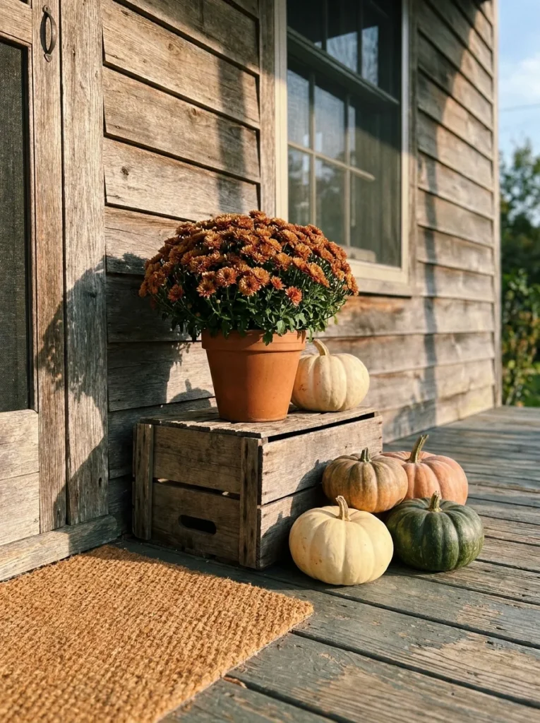 A wooden crate creates height for mums and pumpkins on a rustic porch.