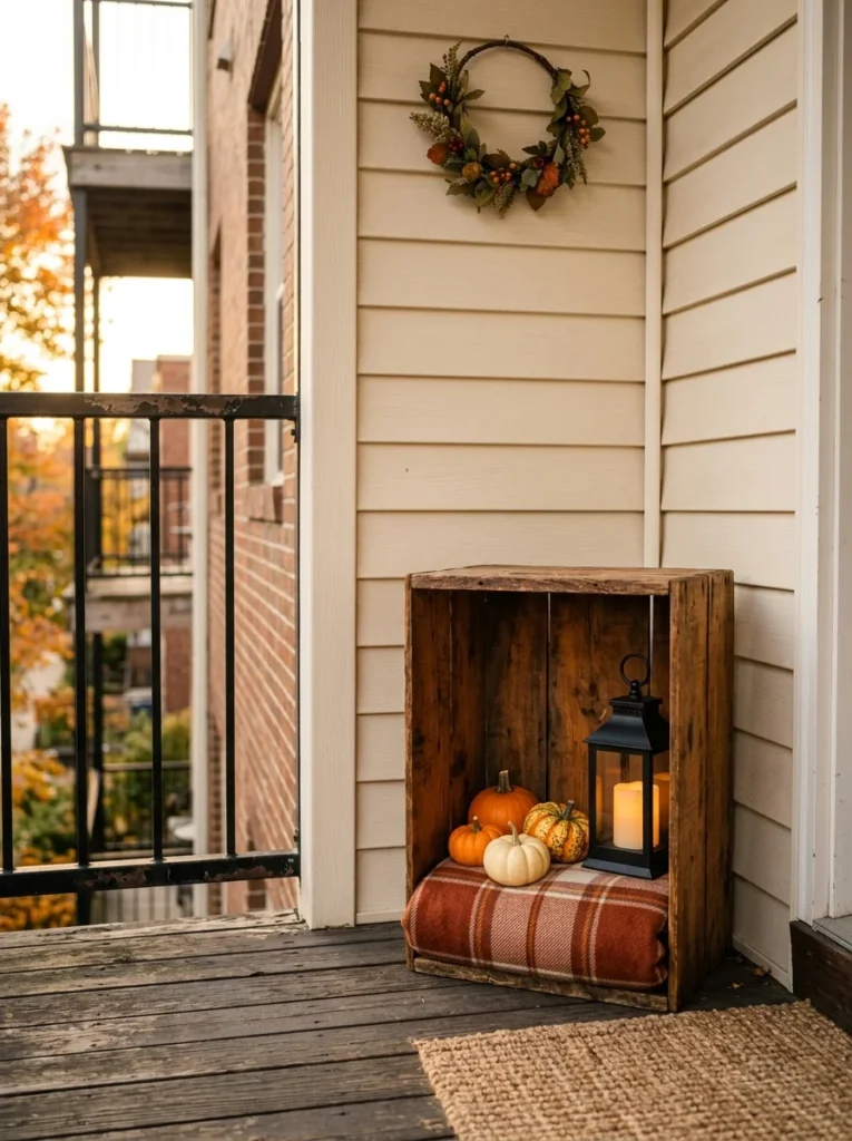 Wooden crate used as a compact pumpkin and lantern display for fall.