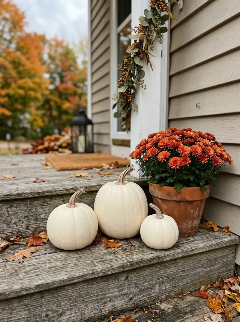 Cream painted pumpkins arranged on a rustic fall porch step