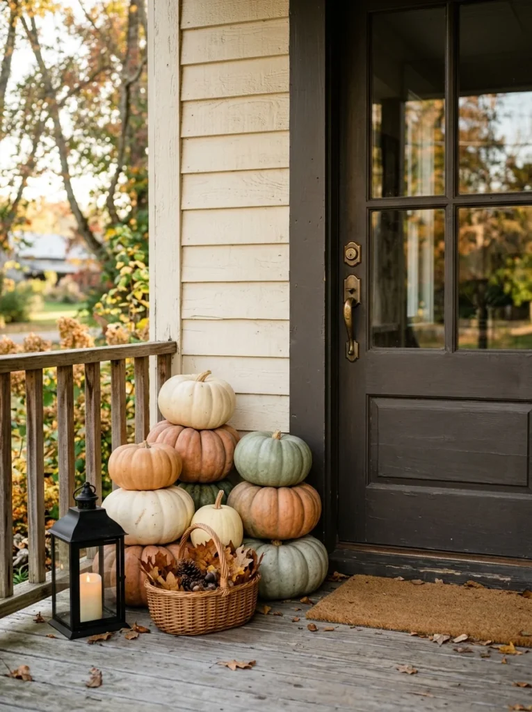 Stacked pumpkins create a simple rustic fall porch decor arrangement beside a farmhouse door.
