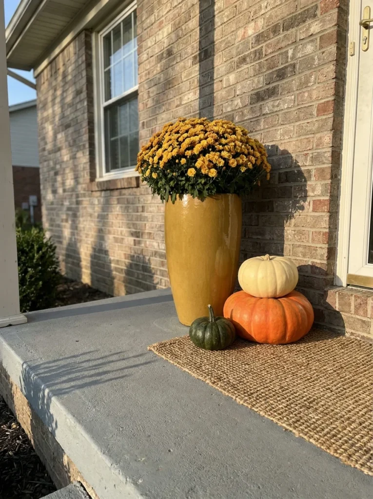 A stacked pumpkin arrangement pairs with a tall yellow mum for a compact fall entry.
