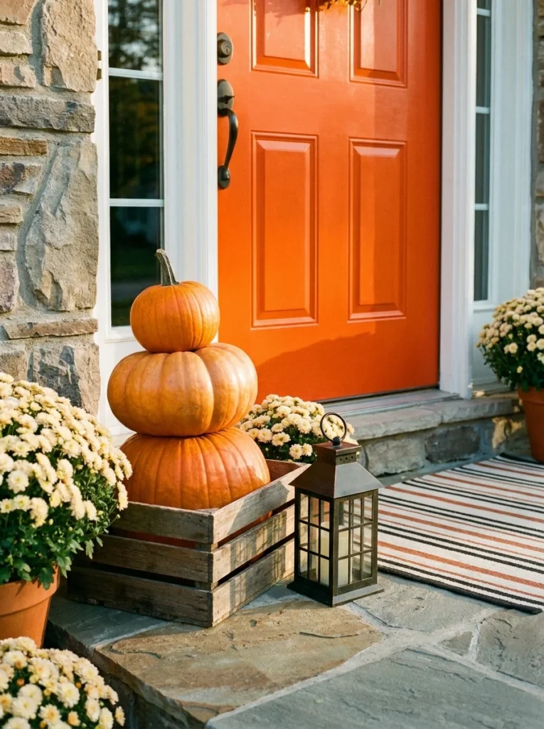 Black lantern beside stacked pumpkins on an autumn front porch