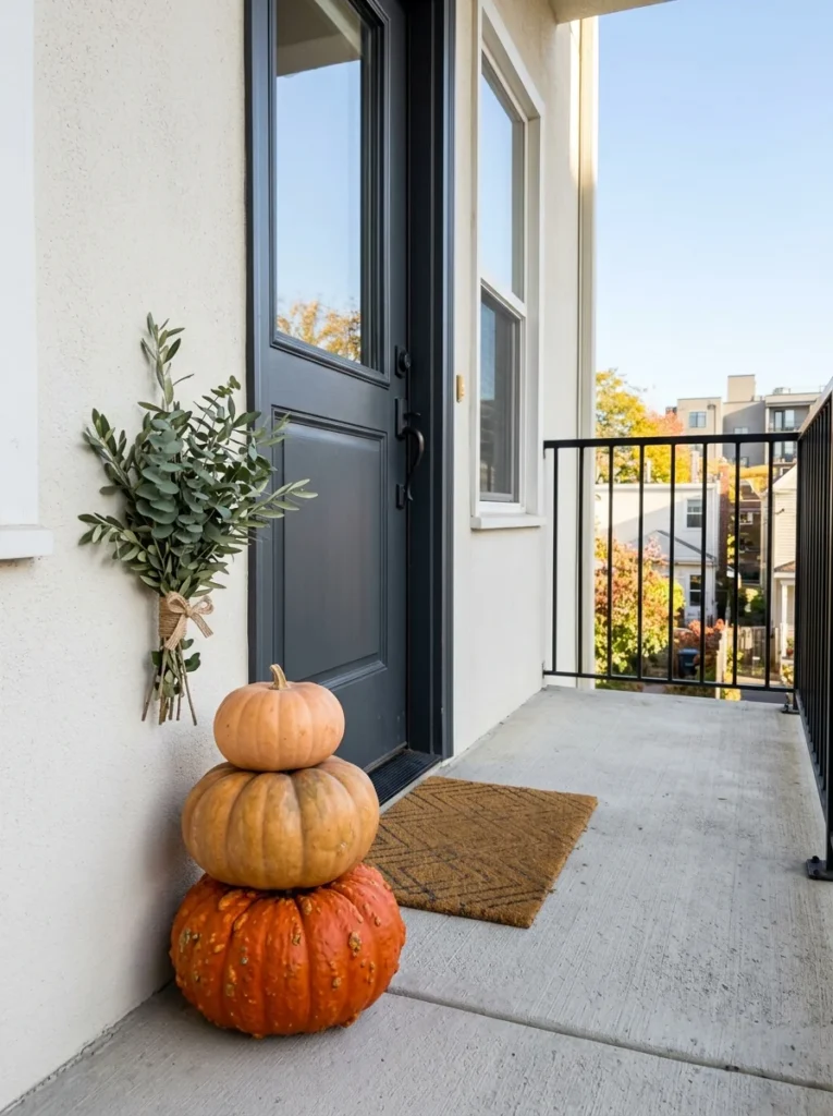 Vertically stacked pumpkins with eucalyptus on a compact apartment porch.