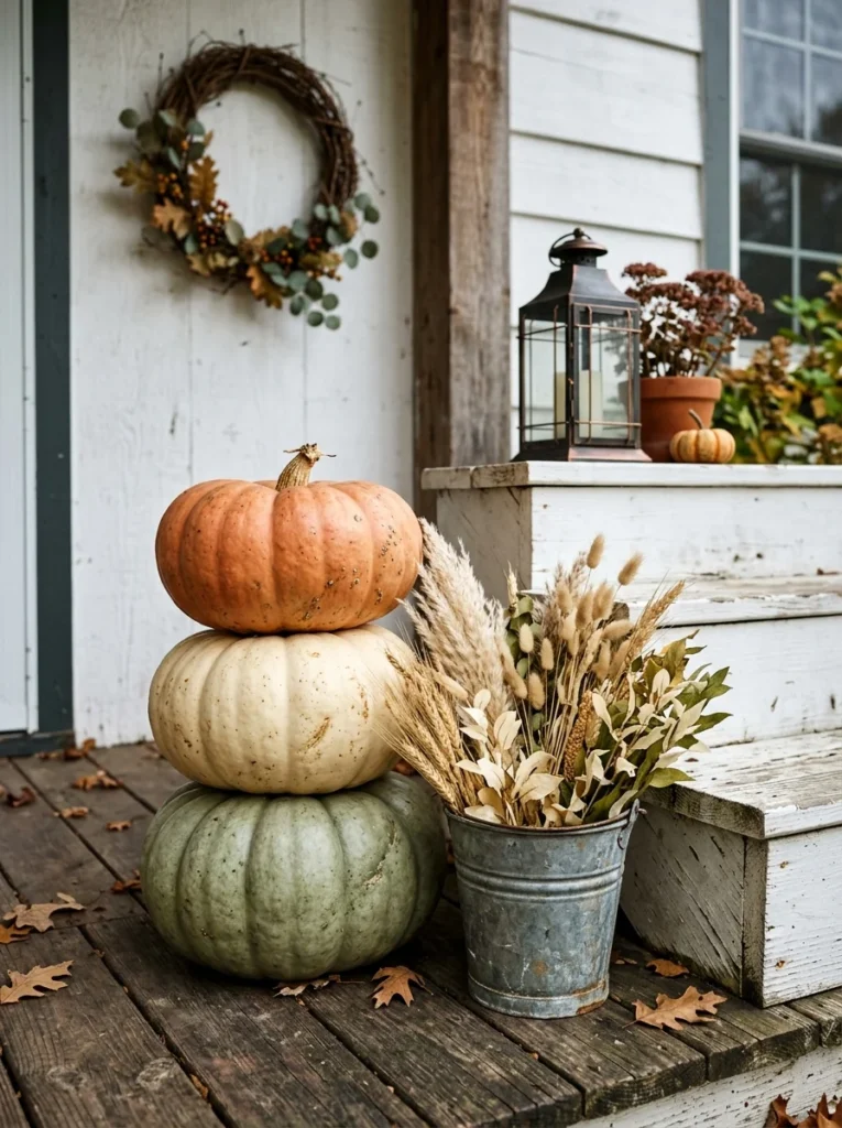 Stacked pumpkins creating a compact autumn porch display