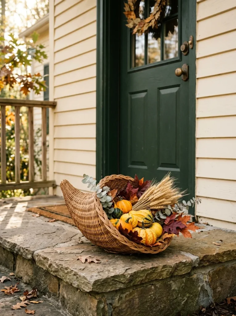 A small cornucopia basket adds a traditional country touch to rustic fall porch decor.