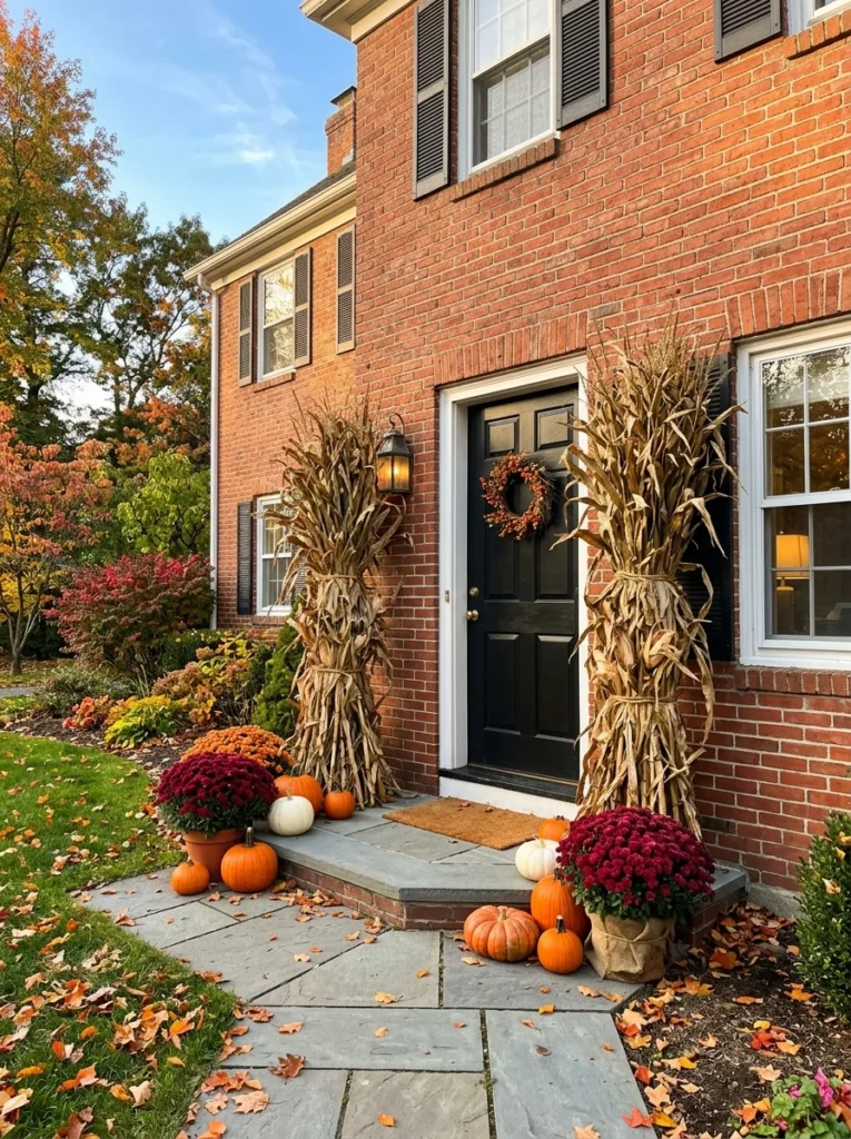 Dried corn stalks frame a brick doorway for classic autumn porch decor