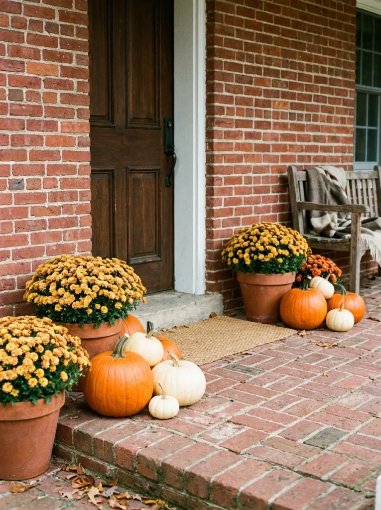 Terracotta pots and orange pumpkins create a warm traditional autumn porch.