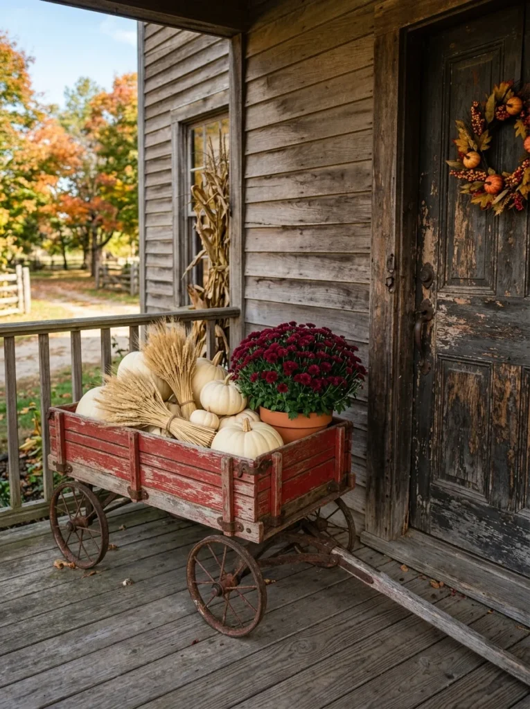 Vintage wooden wagon filled with pumpkins on a farmhouse fall porch.