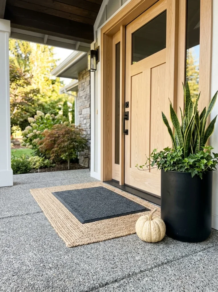 A layered jute rug and charcoal mat create texture in a neutral modern fall entry.