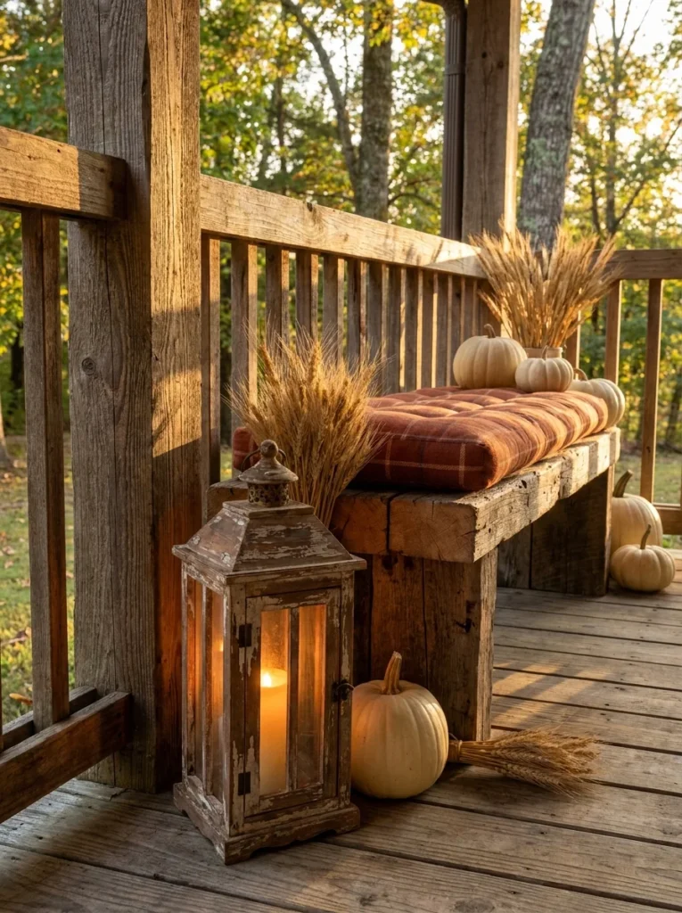 Rustic wood lantern and pumpkins creating a cozy fall porch