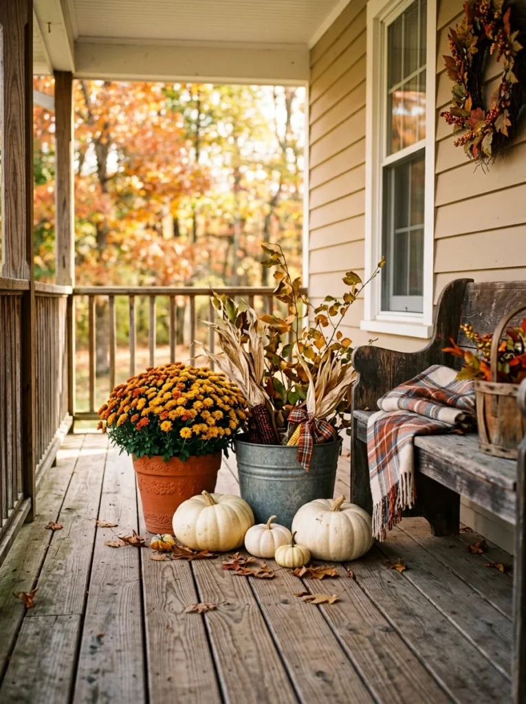 Terracotta and galvanized metal accents on a farmhouse fall porch.