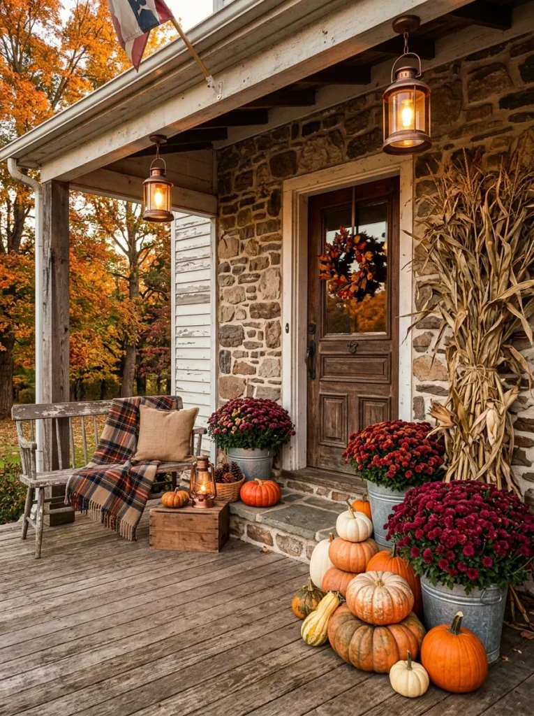 Rustic farmhouse fall porch decor with pumpkins, mums, wood accents, and vintage lanterns.