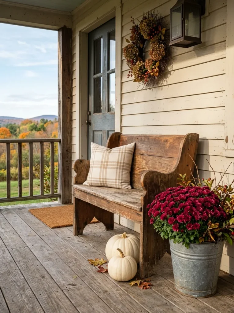 Weathered farmhouse bench styled with pumpkins and mums for fall.