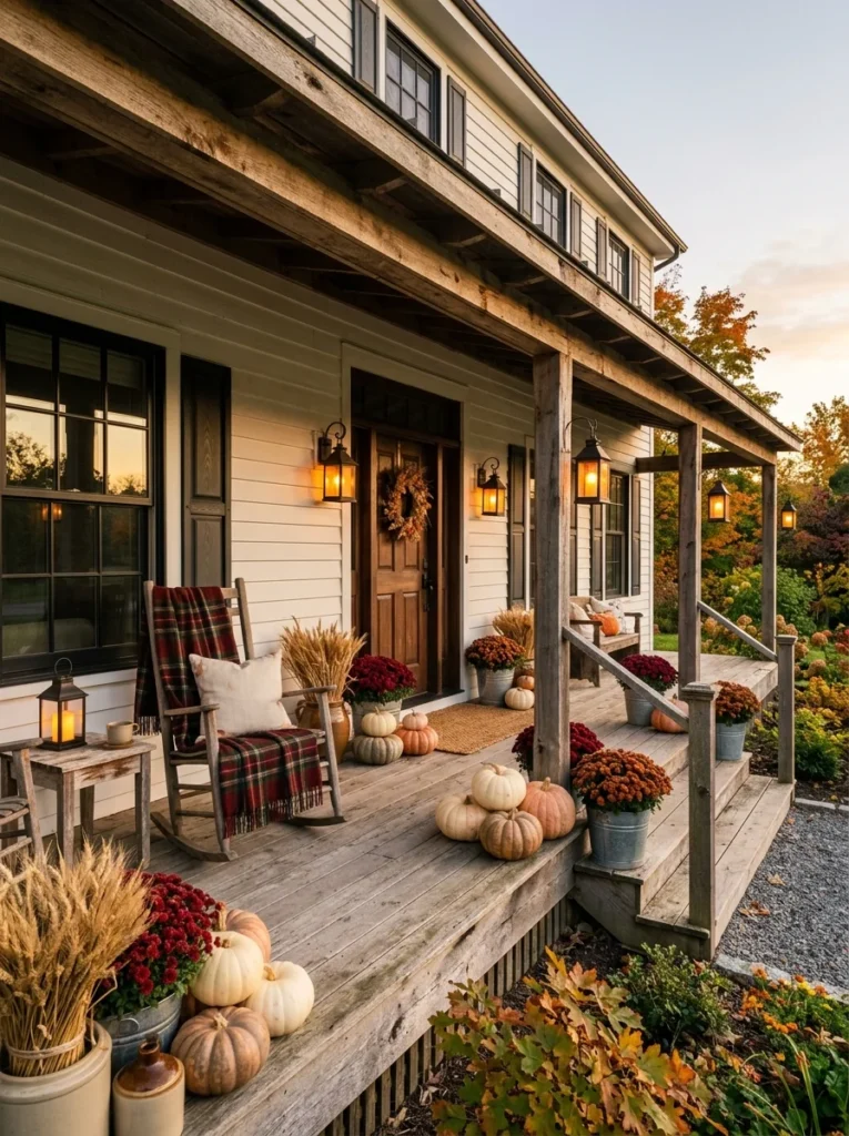 Complete farmhouse fall porch decor in cream, rust, burgundy, wood, and galvanized gray.