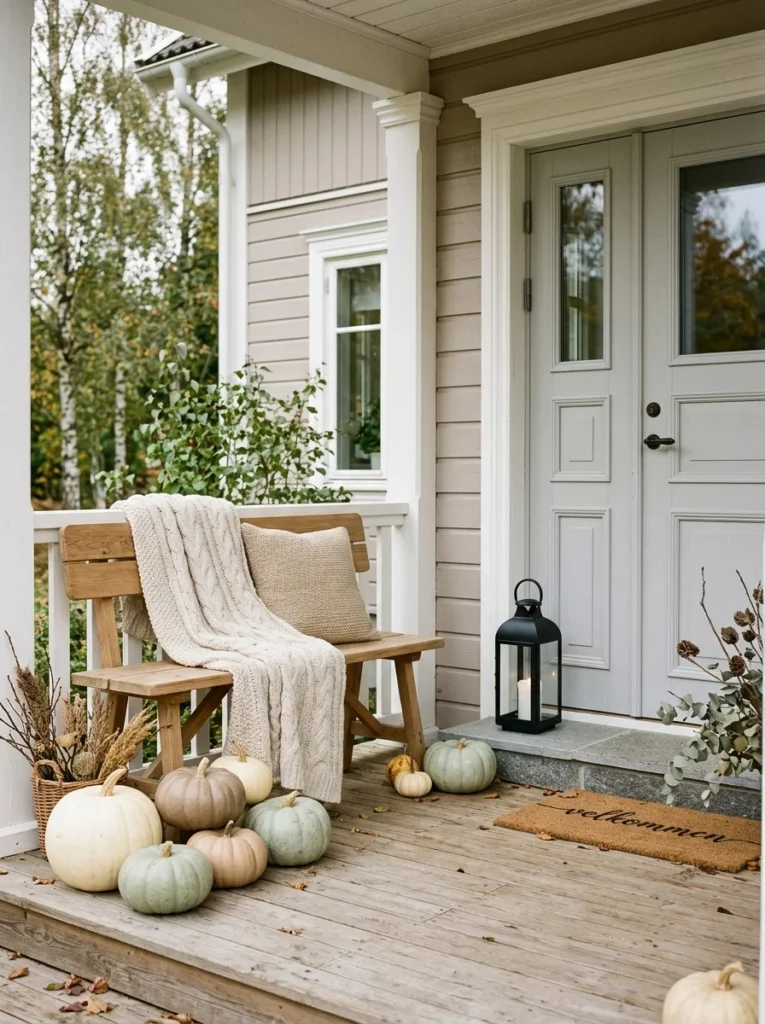 Neutral pumpkin porch decor in ivory, beige, taupe, and sage tones.
