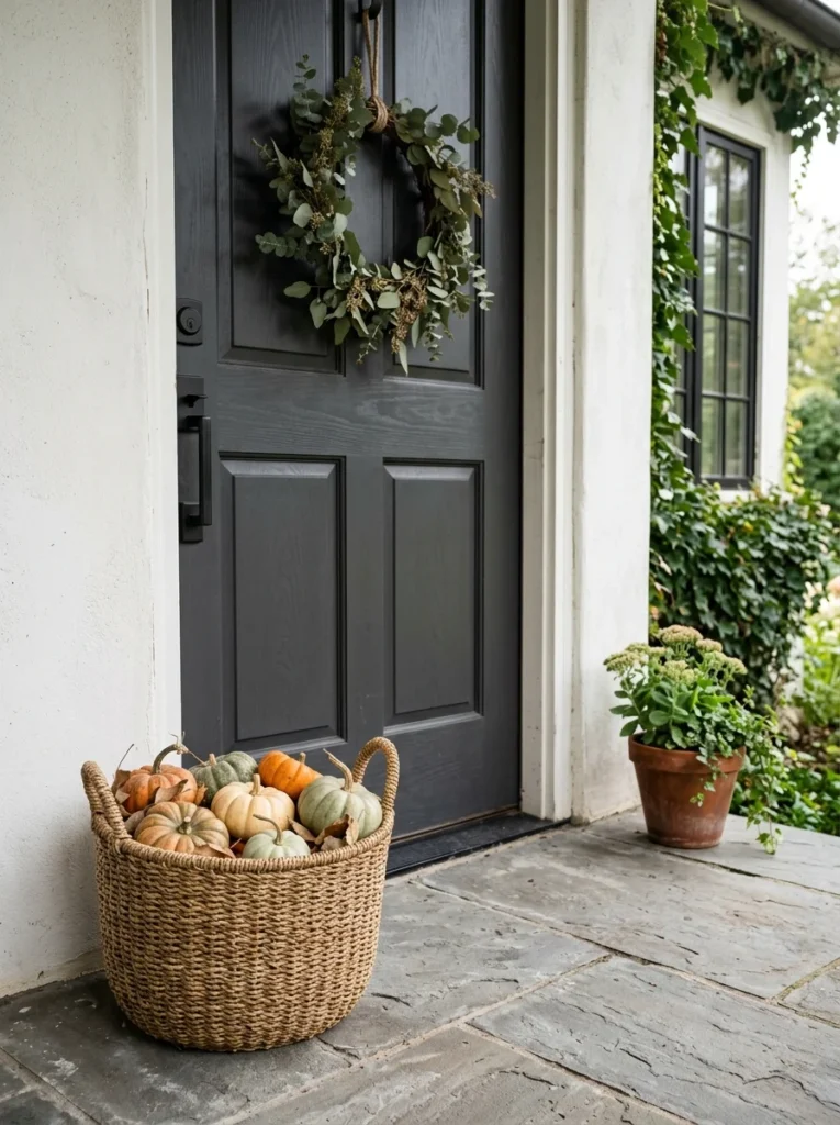 A woven pumpkin basket adds warm texture to a small fall front porch.