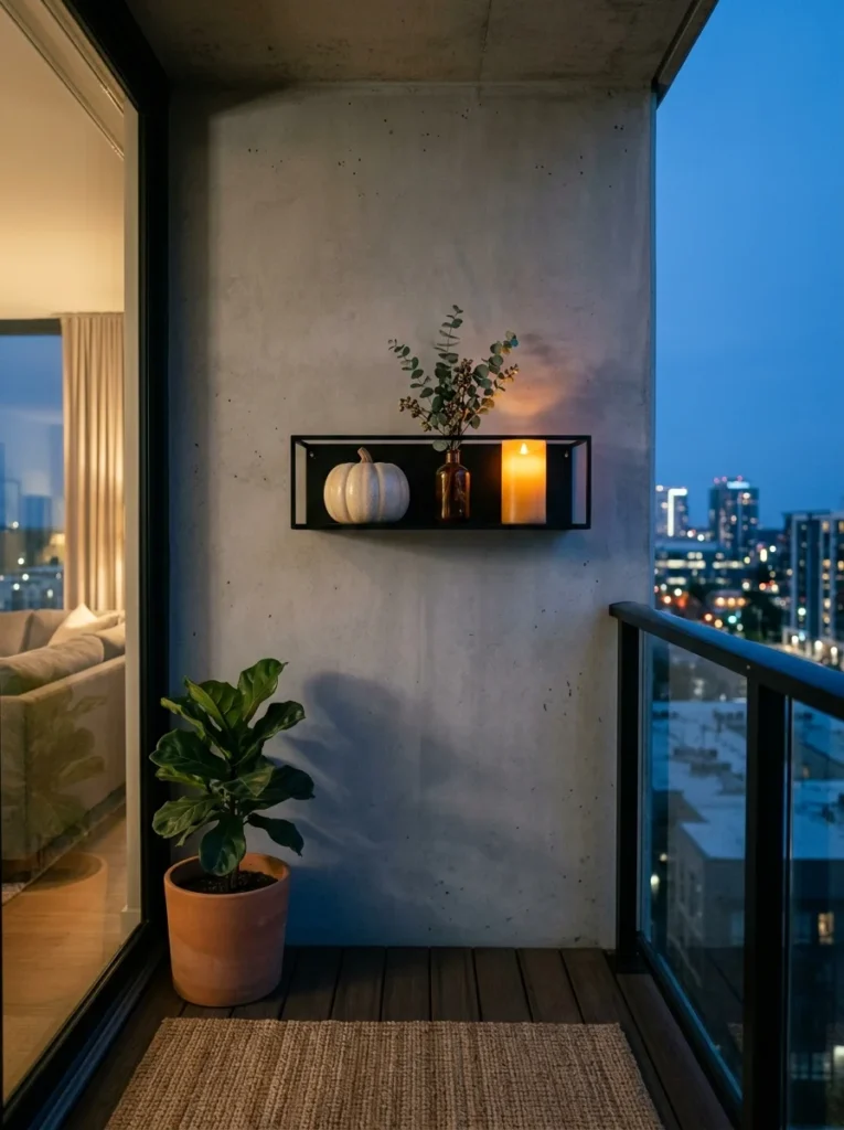 Small wall shelf with a pumpkin and warm candle on an apartment porch.