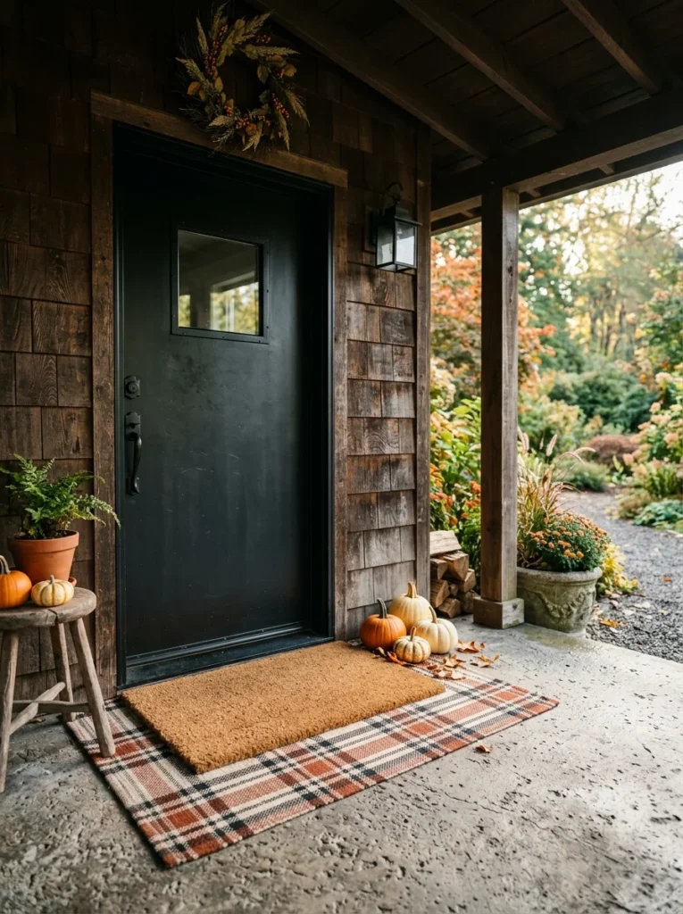 Plaid outdoor rug layered under a fall porch doormat