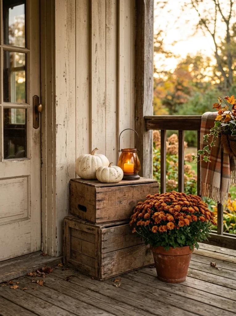 Wooden crates create layered storage and rustic fall porch decor beside the front door.