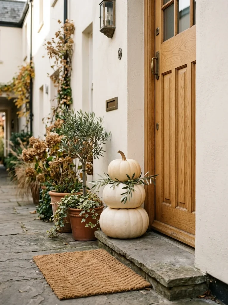 A stacked cream pumpkin arrangement saves floor space on a small neutral fall porch.