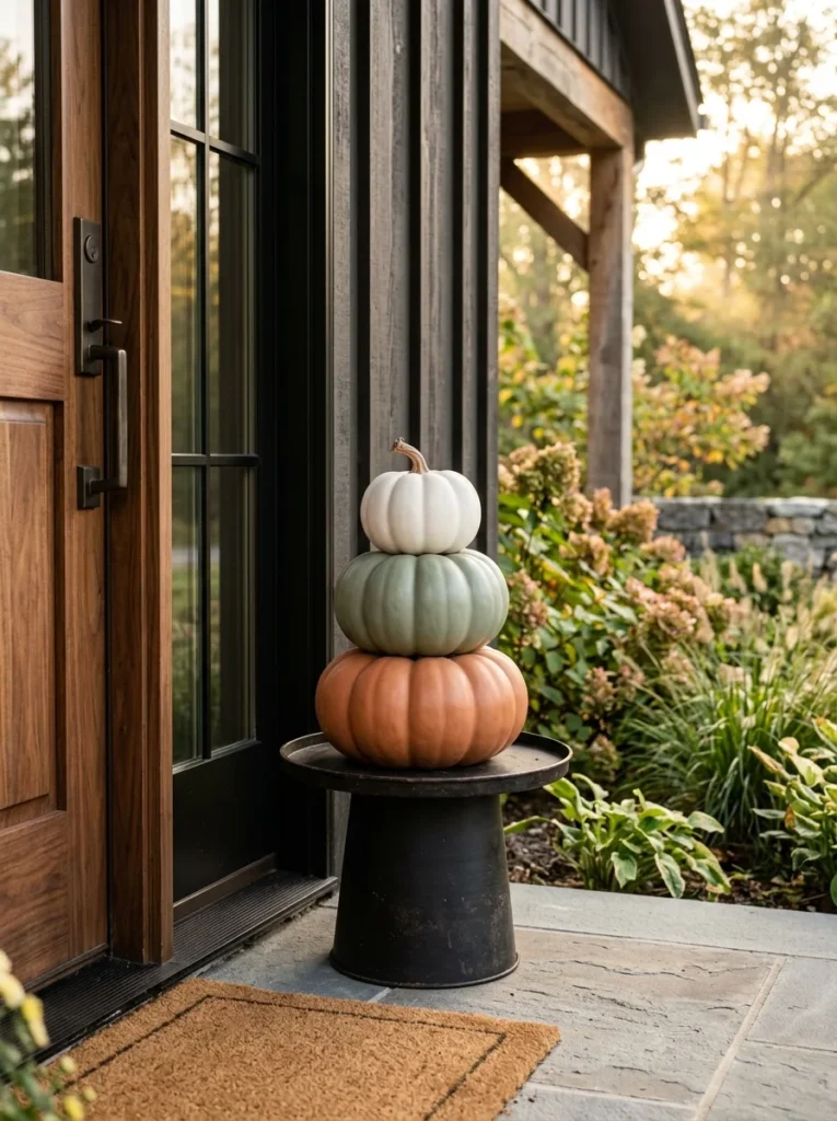 A small stacked pumpkin display adds color and height to modern autumn porch decor.