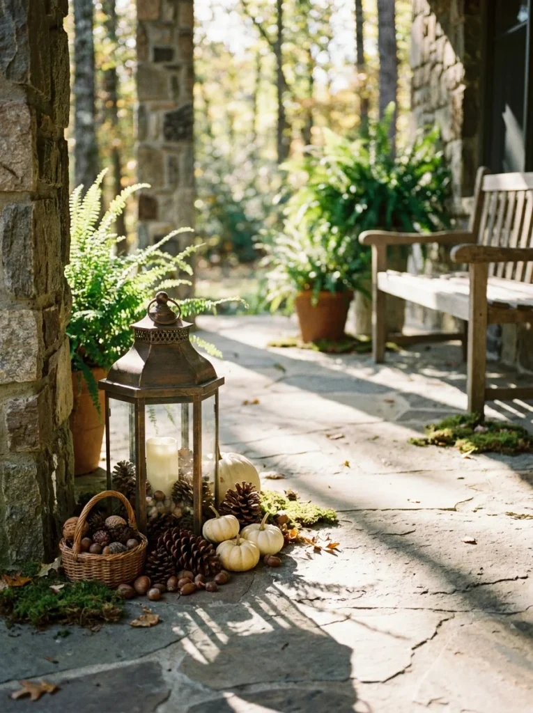 Bronze lantern surrounded by pinecones and acorns for autumn porch decor
