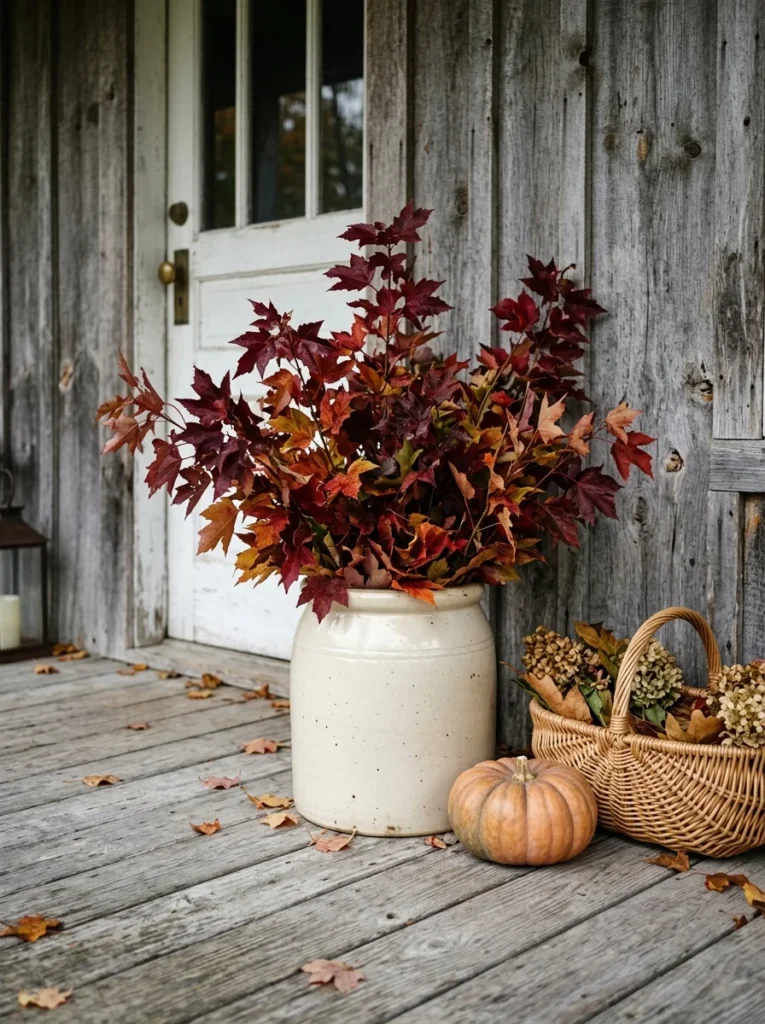 Antique stoneware crock filled with autumn branches on a farmhouse porch.