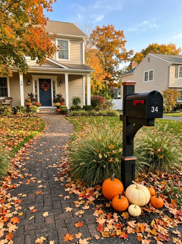 Pumpkins and ornamental grass decorating a mailbox area for fall.