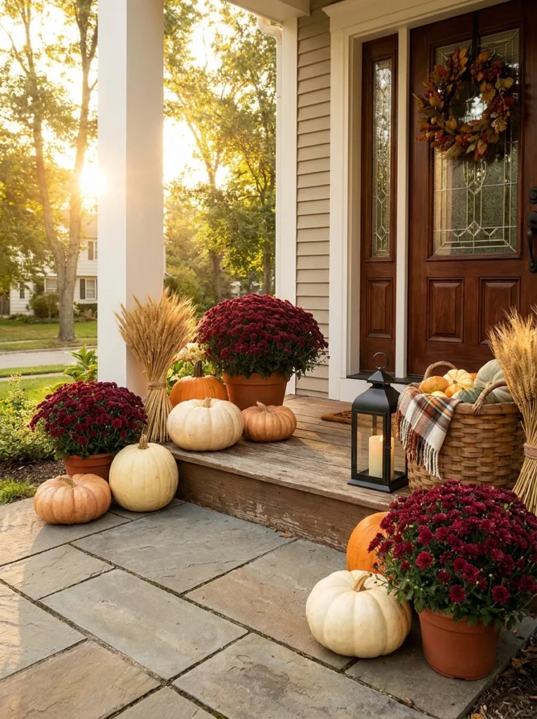 Finished fall harvest porch decor with pumpkins, mums, wheat, and lanterns
