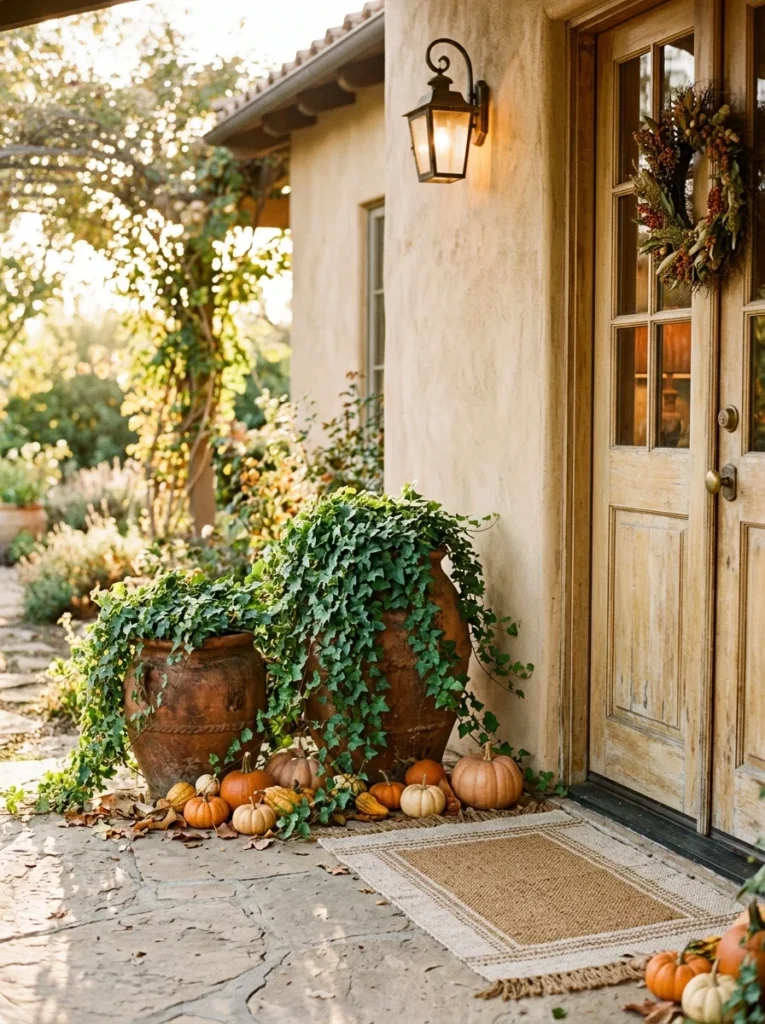 Terracotta pots and mini pumpkins creating simple fall porch decor.