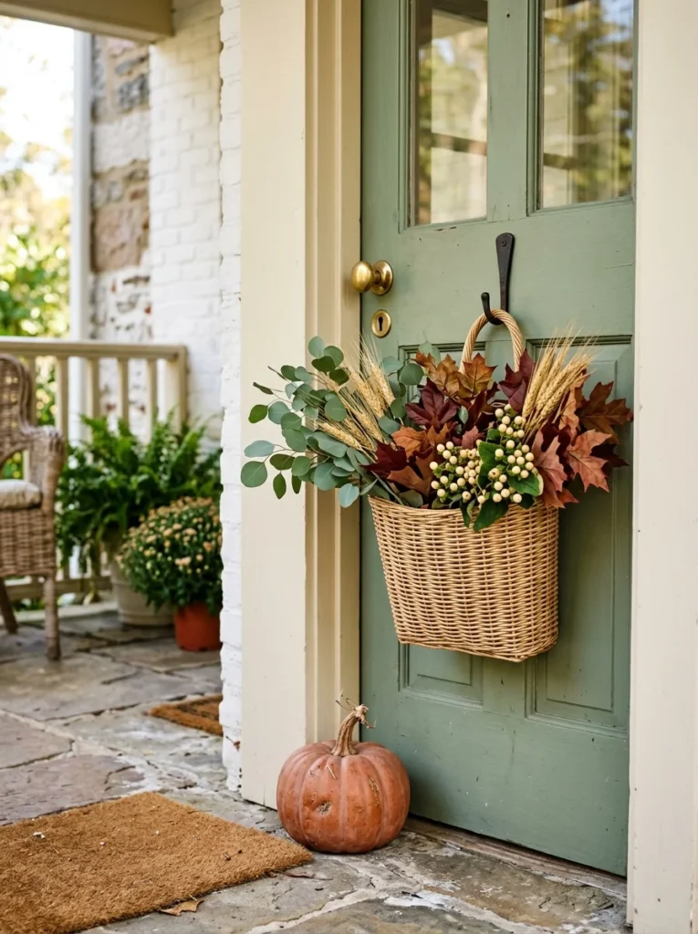 Woven fall foliage basket decorating a small front door.
