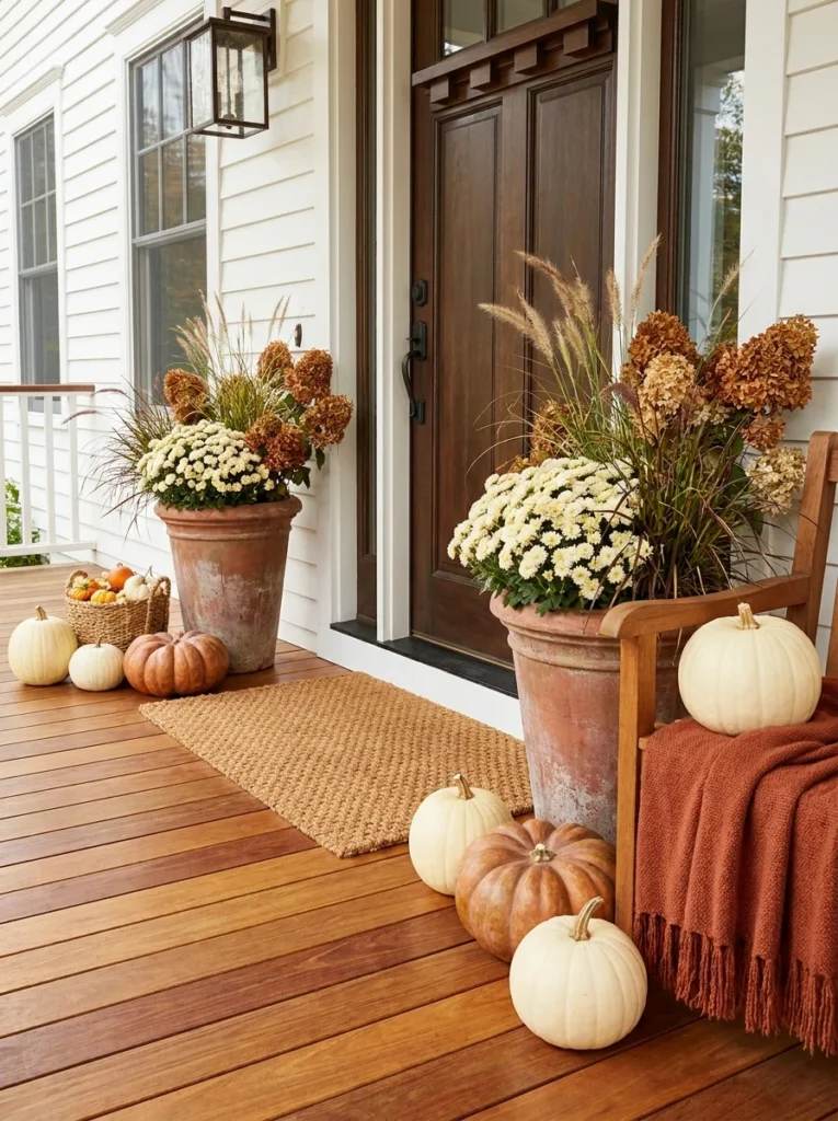 Well-balanced autumn porch with clear walking space and tidy seasonal decor