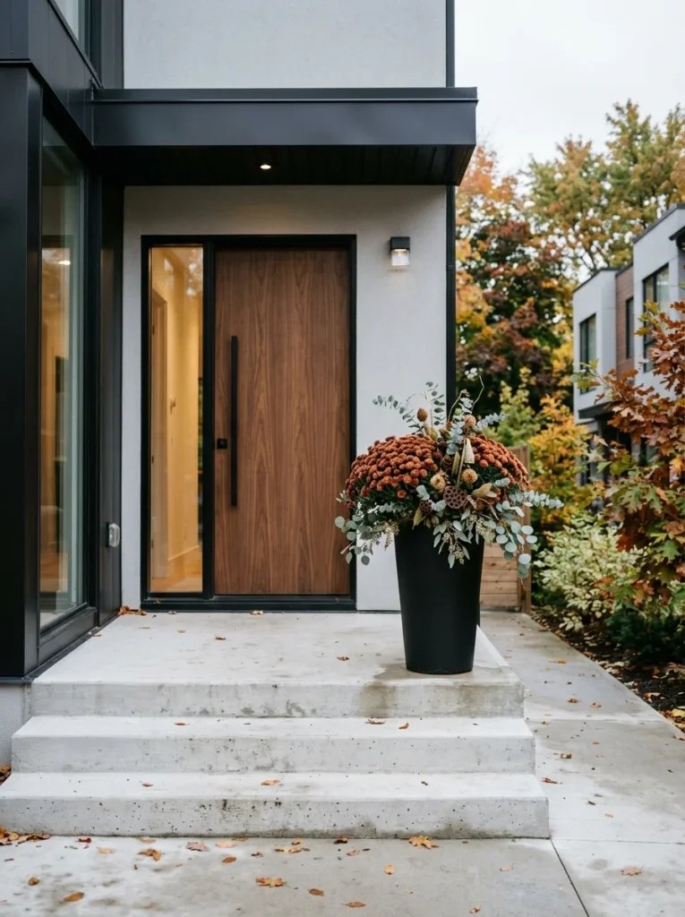 A black planter with bronze mums adds structured autumn style to a modern entry.