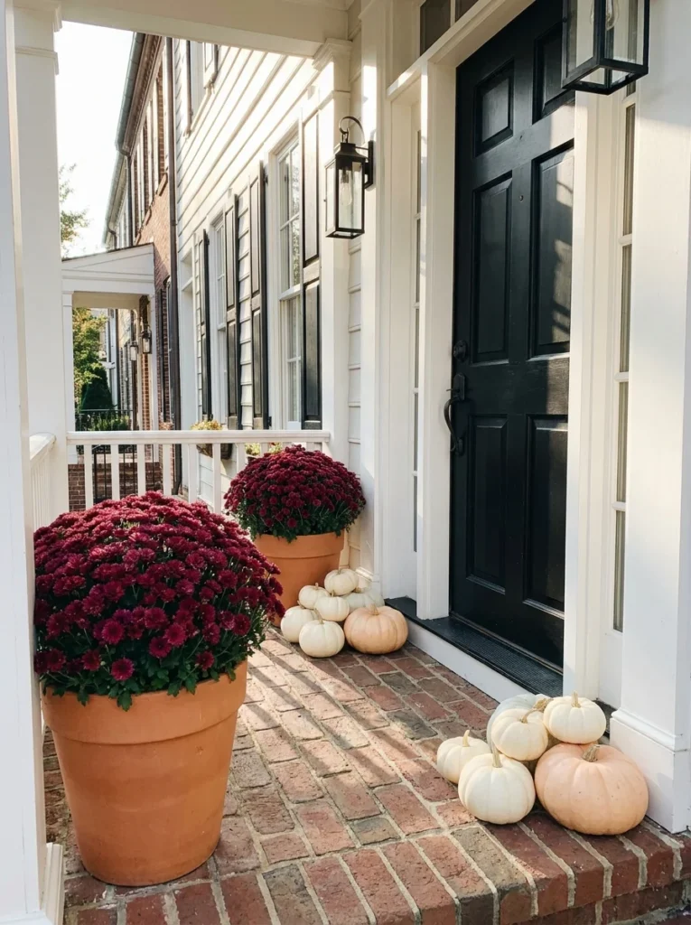 Small porch decorated with burgundy mums and pumpkins for fall.
