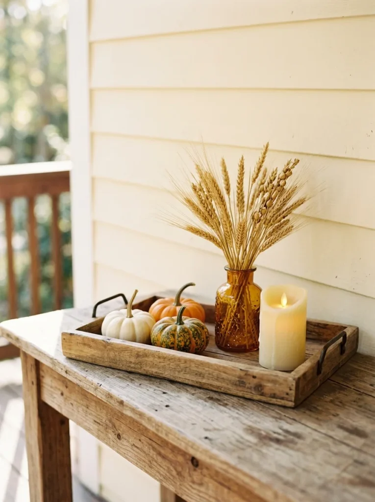 A small autumn tray arrangement for a narrow porch or entryway.