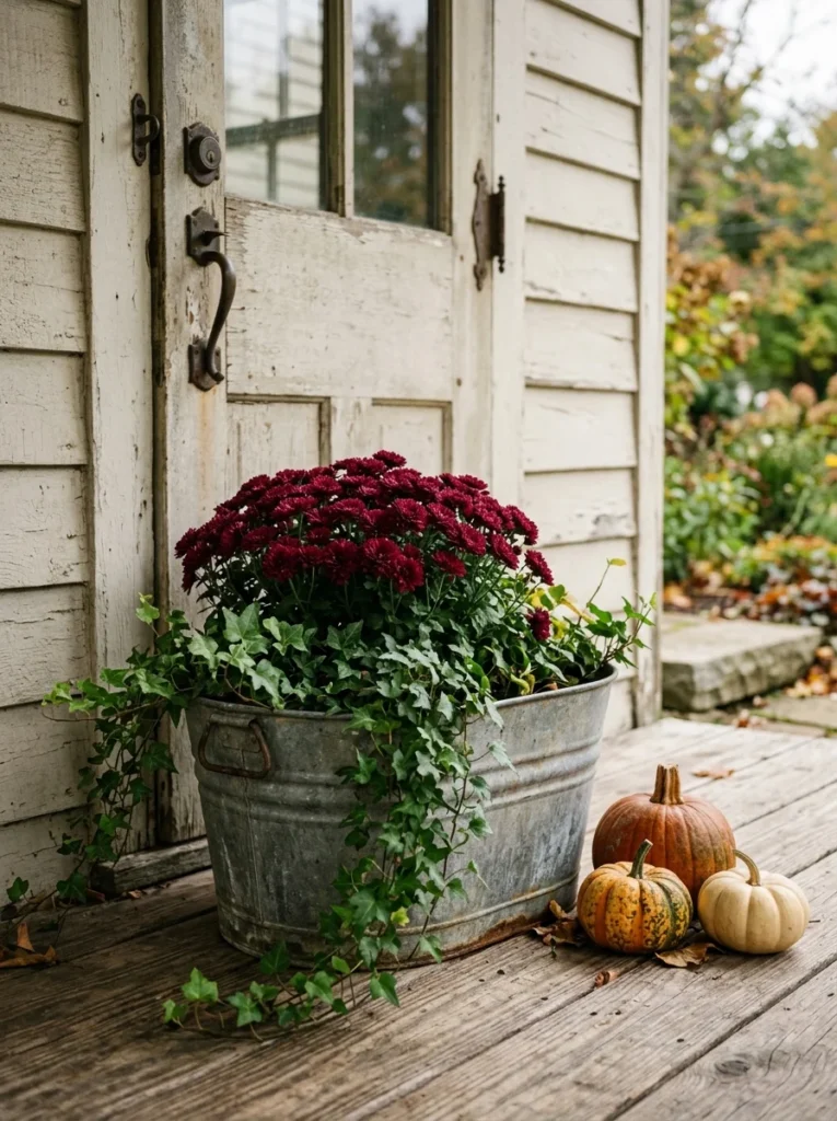 Galvanized tub planter filled with mums for farmhouse fall porch decor.