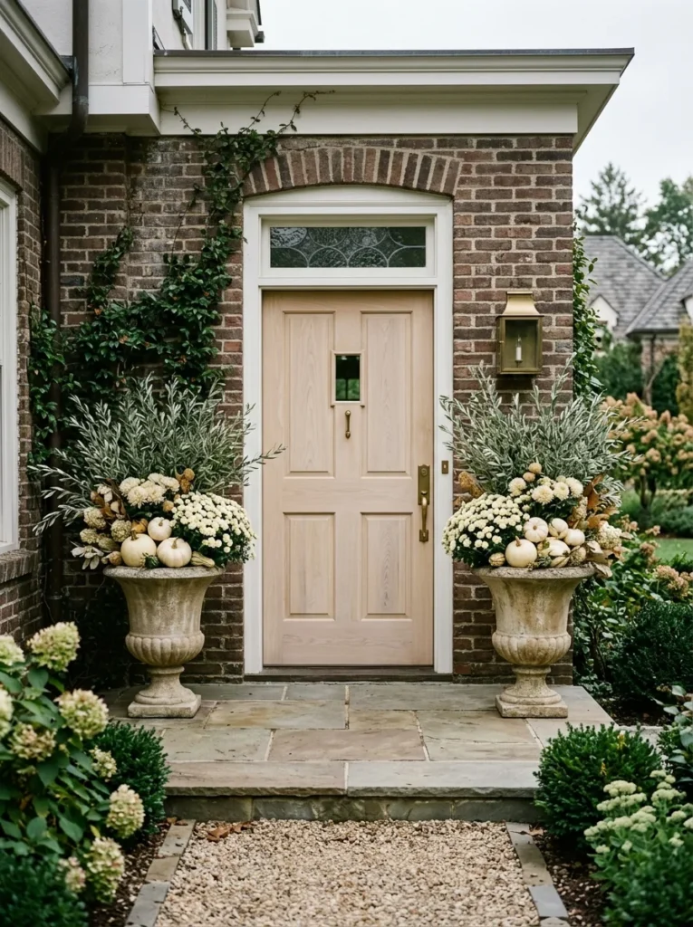 Stone-colored urns frame a neutral fall entry with cream flowers and muted greenery.