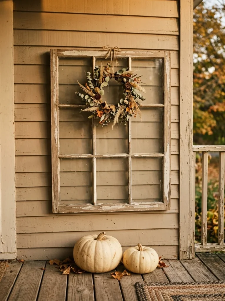 Vintage window frame used as rustic farmhouse porch wall decor.