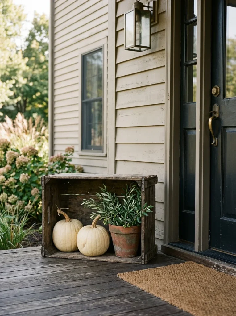 A vintage wooden crate adds rustic storage and height to neutral fall porch decor.