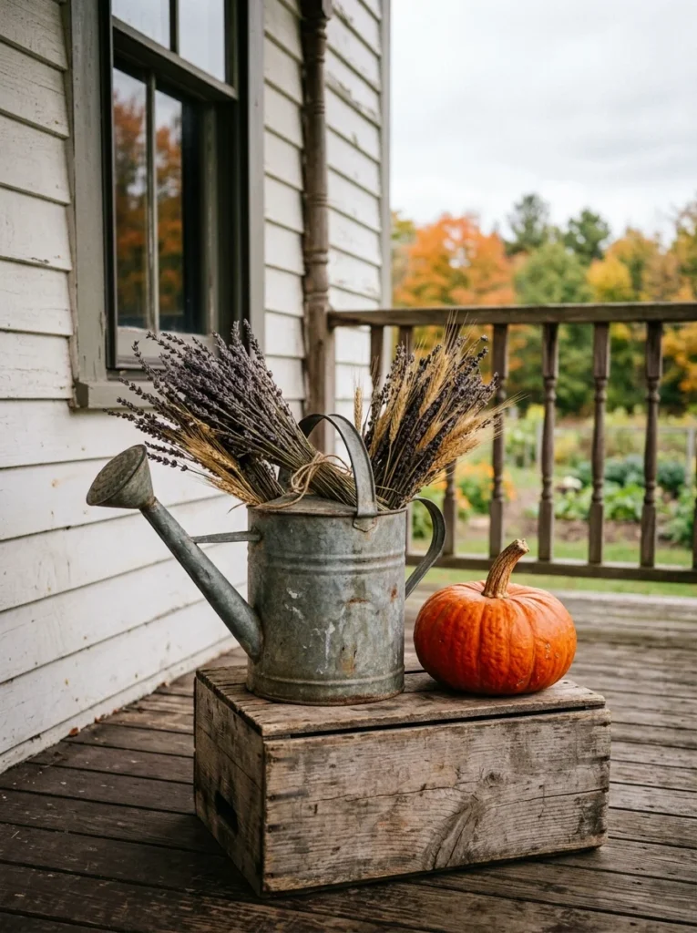 Vintage galvanized watering can with dried stems on a farmhouse fall porch.