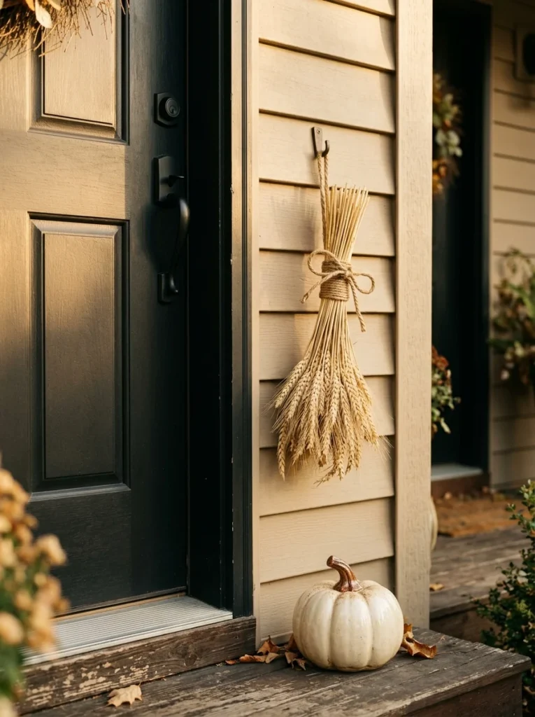 A dried wheat bundle brings natural autumn texture to a front door.